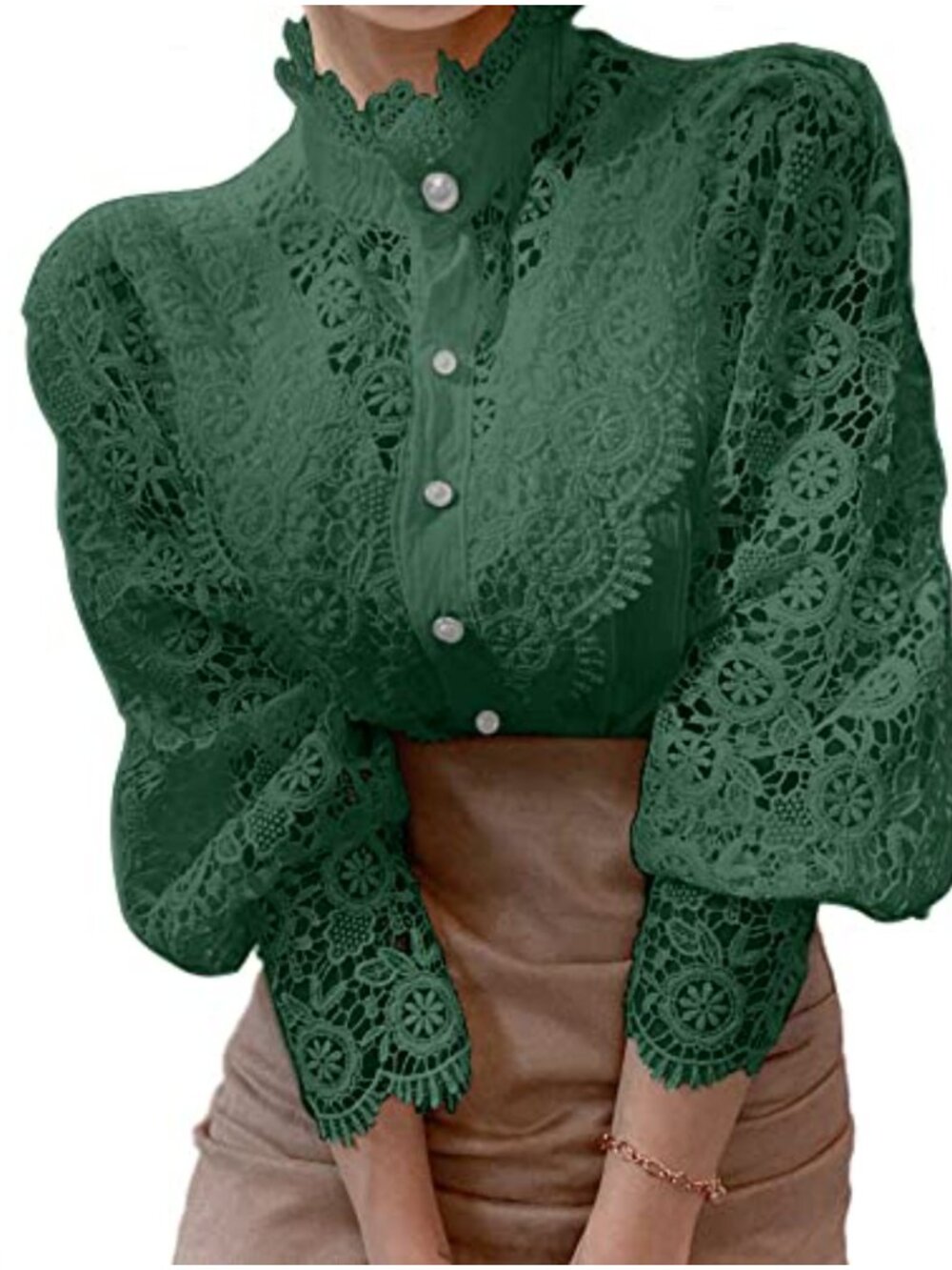 Lace Trim Victorian Peasant Blouse Button Down Puff Sleeve